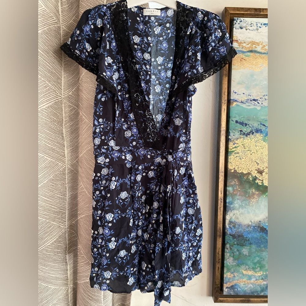 SANDRO Paris Womens Sz34 XS Black Blue Floral Silk Heart Romper Jumpsuit NWT - Picture 6 of 16